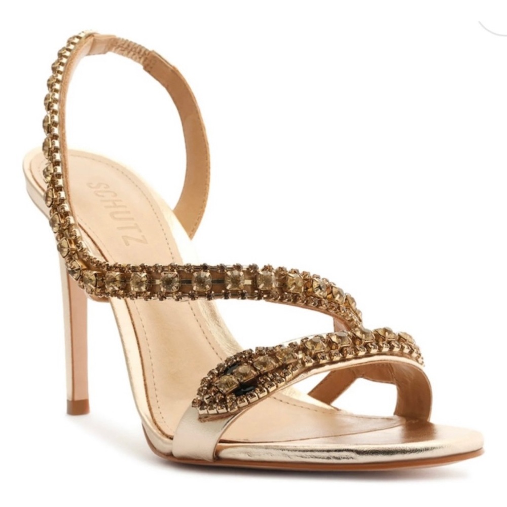 SCHUTZ Court Heeled Metallic Crystals Embellished Sandals Size 7B